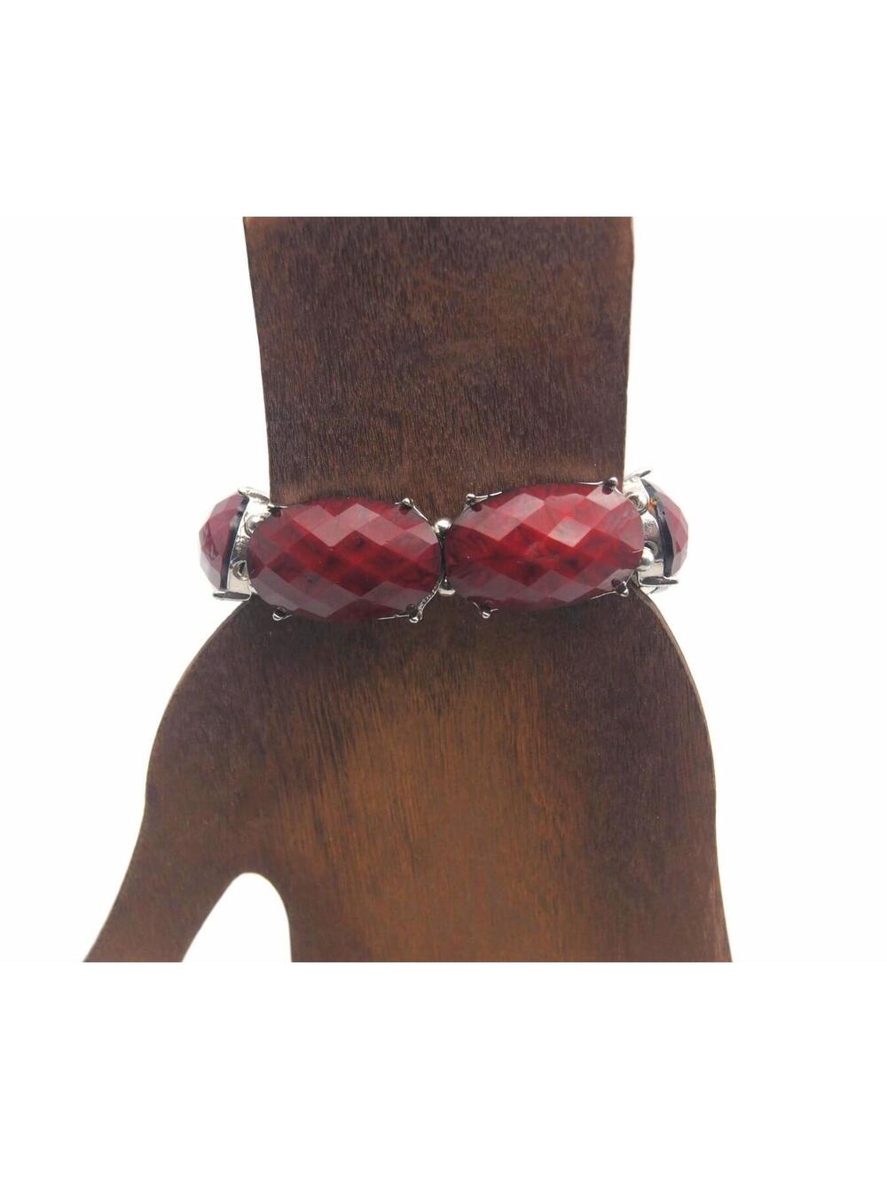 Vintage Red Acrylic Cabochons on Silver Tone Metal Statement Bracelet.